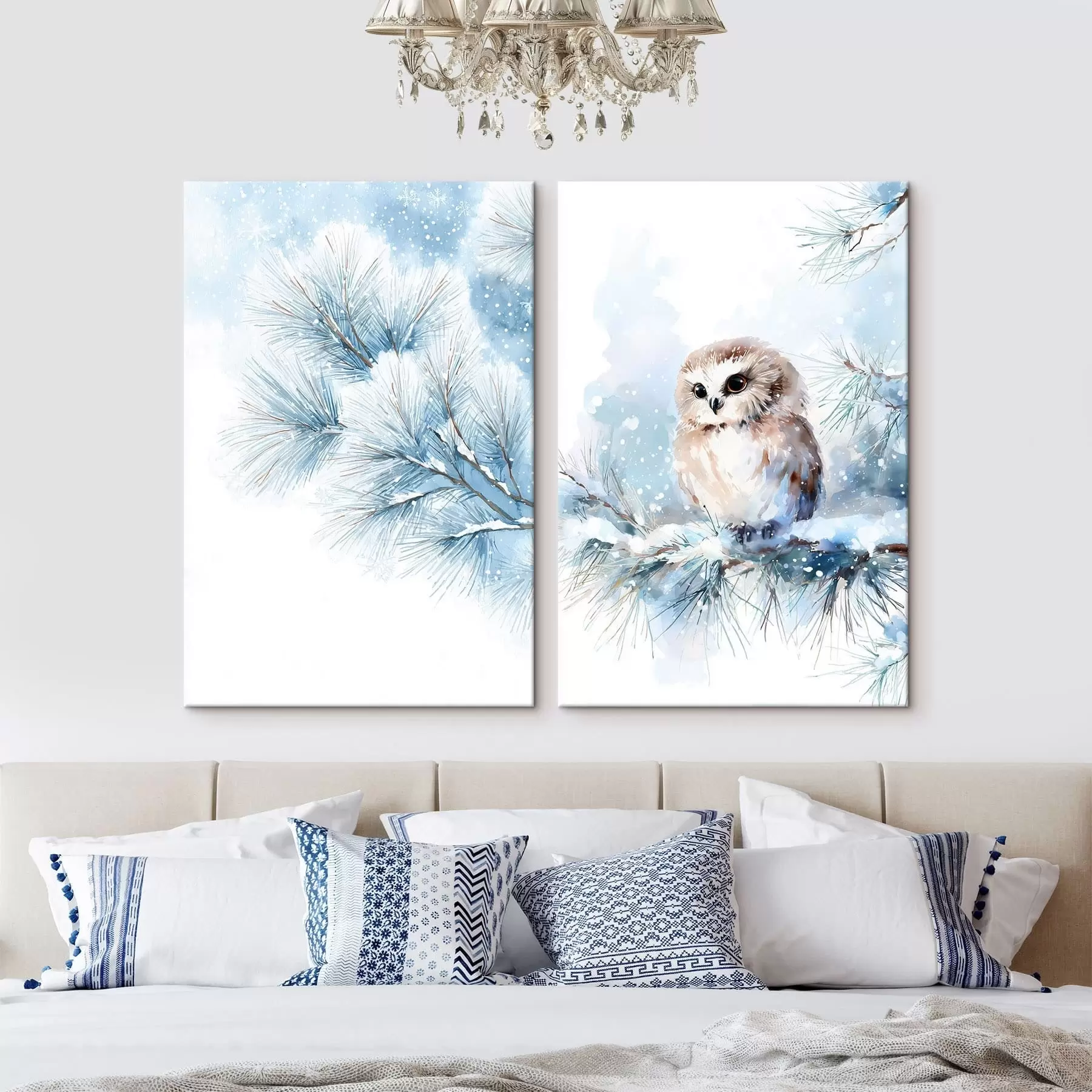 Tablouri bufniță drăguță pe o ramură de pin acoperită de zăpadă, în stil acuarelă m01168