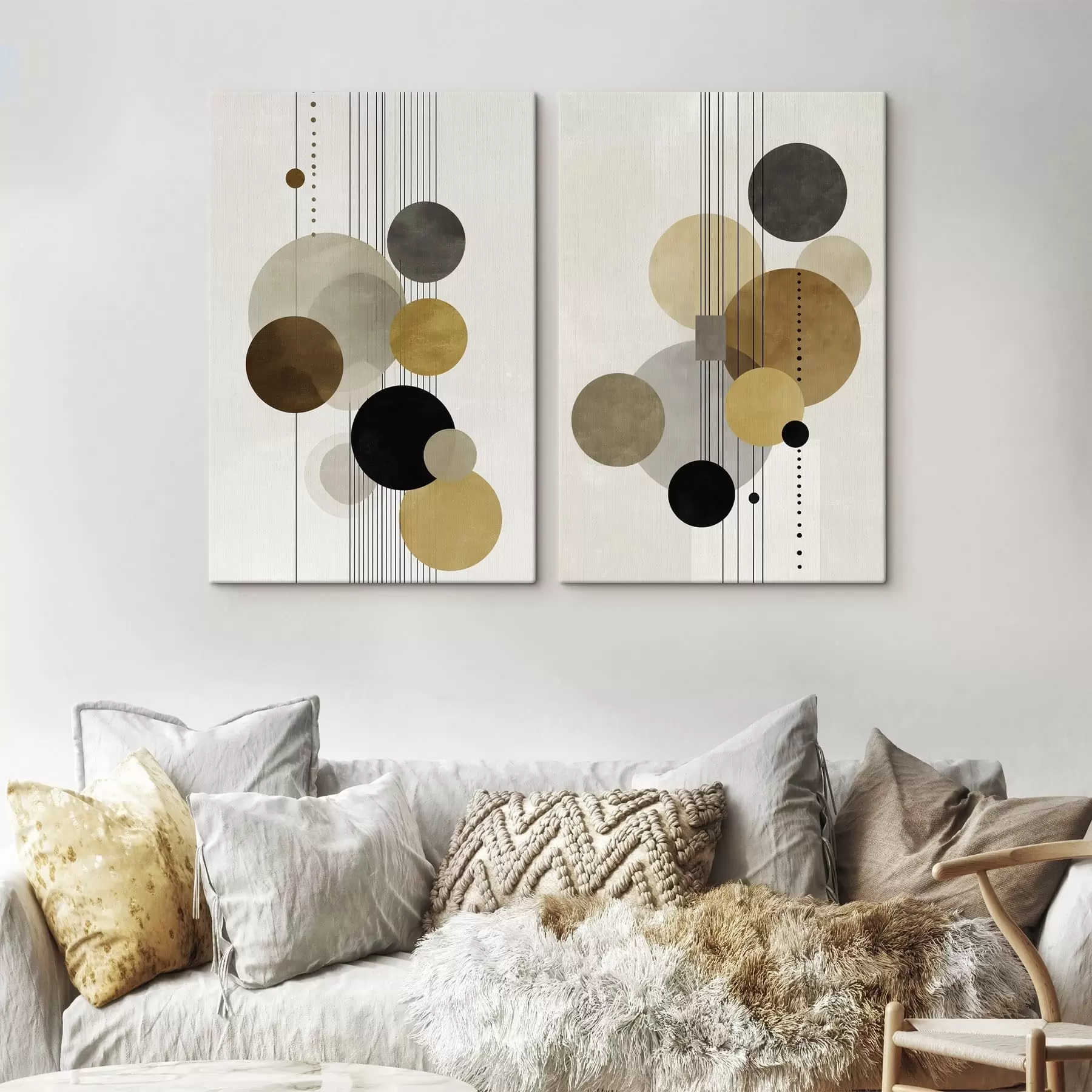 Tablouri abstracție cu cercuri și linii în culori calde m01182