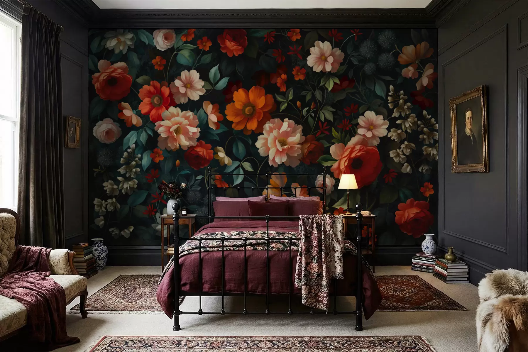 fototapet Model floral închis la culoare, cu flori luxuriante de grădină w05087