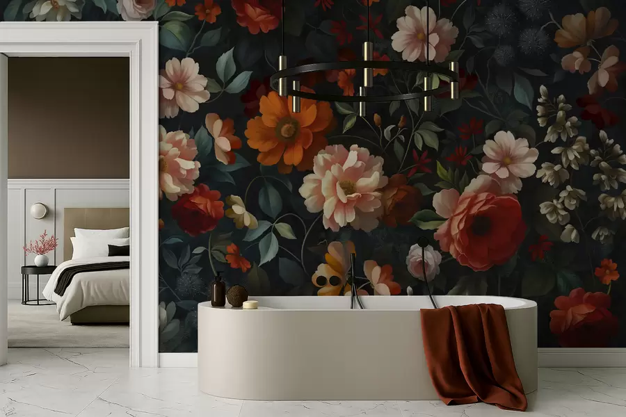 fototapet Model floral închis la culoare, cu flori luxuriante de grădină w05087