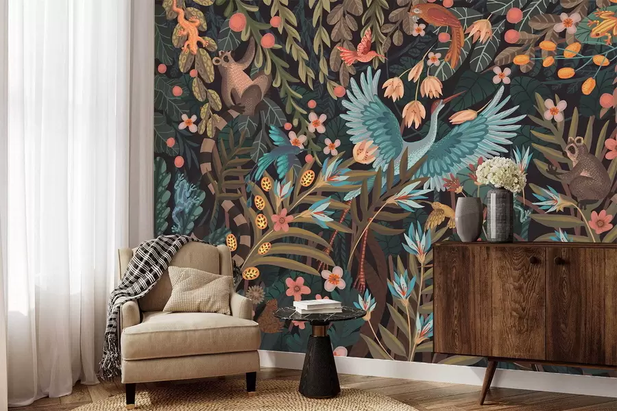 fototapet Scena fantastică cu păsări și animale printre plante w05024