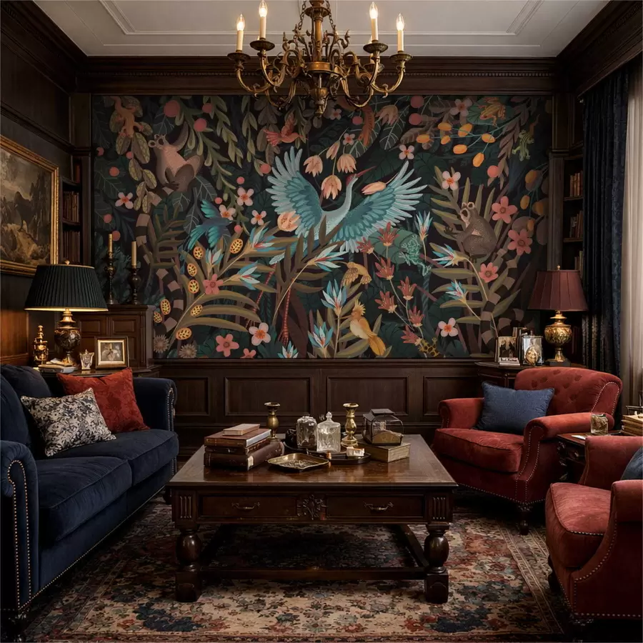 fototapet Scena fantastică cu păsări și animale printre plante w05024