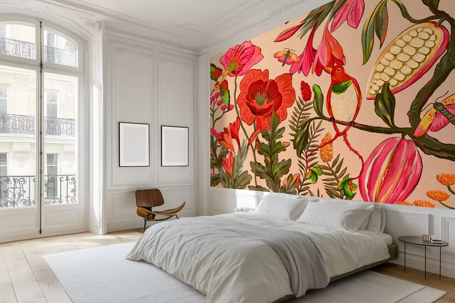 fototapet Flori decorative și păsări pe fundal bej w05036