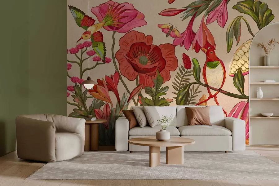 fototapet Flori decorative și păsări pe fundal bej w05036