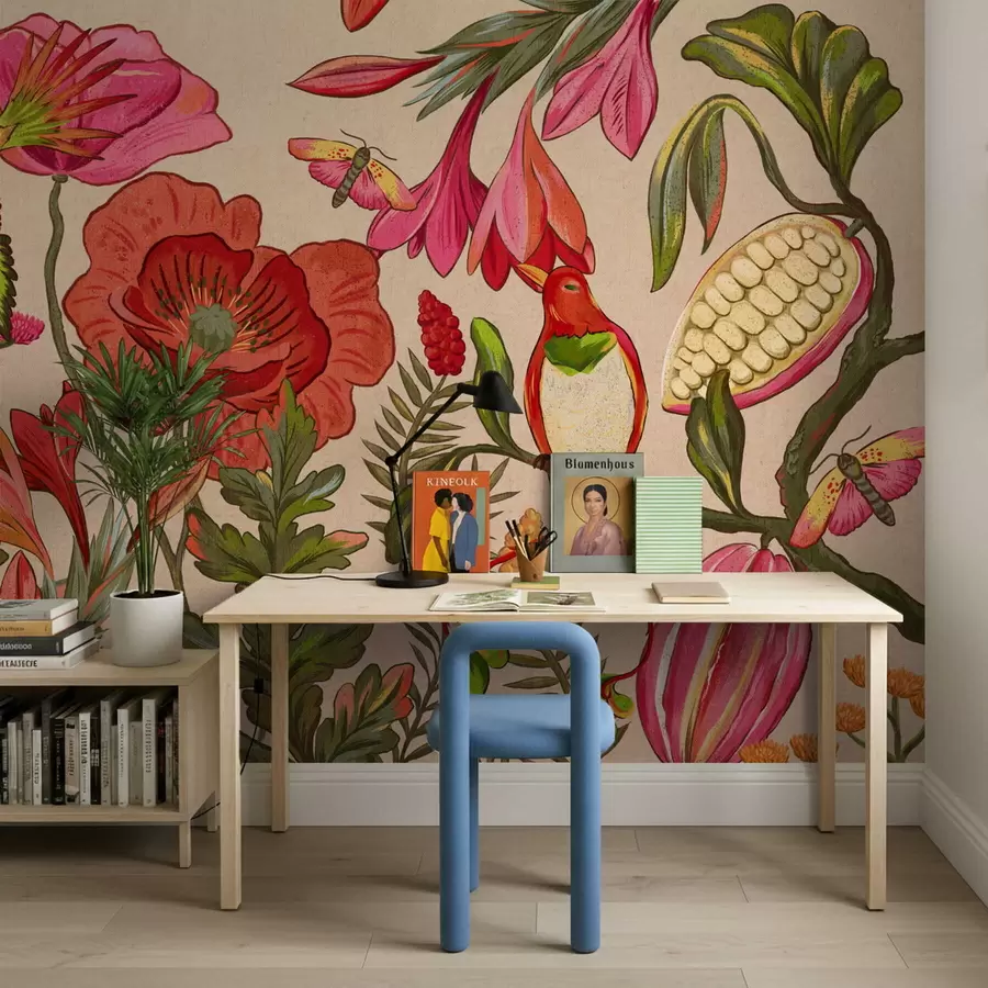 fototapet Flori decorative și păsări pe fundal bej w05036