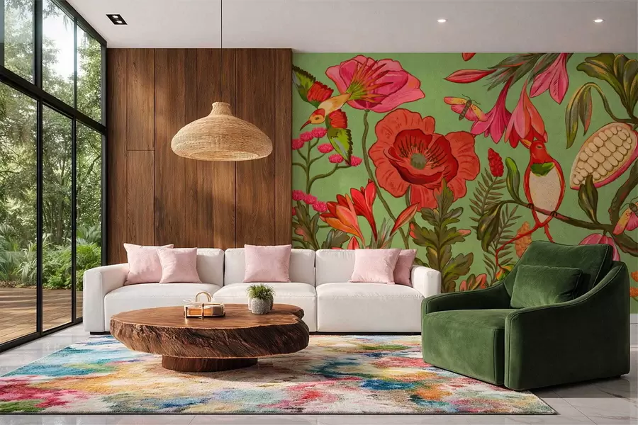 fototapet Flori decorative și păsări pe fundal verde w05036v1