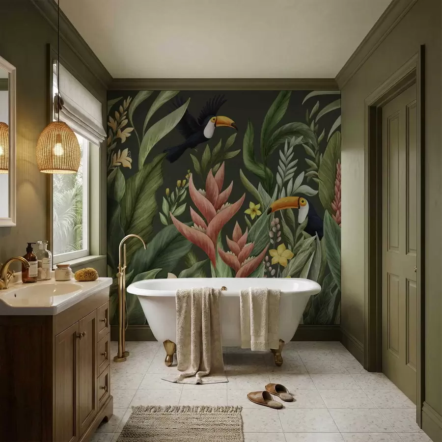 fototapet Frunziș tropical și păsări cu cioc mare pe fundal întunecat w05088