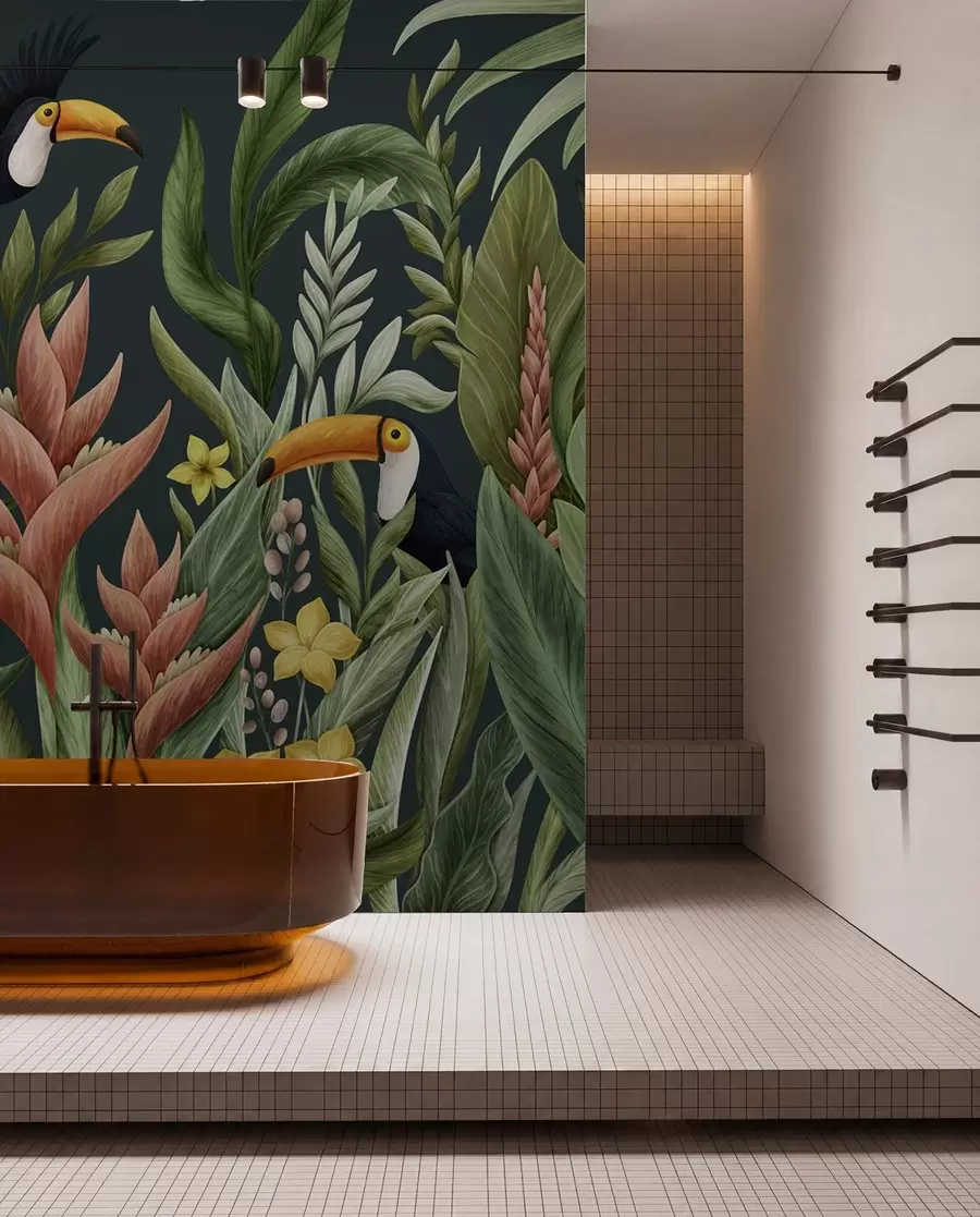 fototapet Plante tropicale și păsări cu cioc mare pe fundal întunecat w05088v2