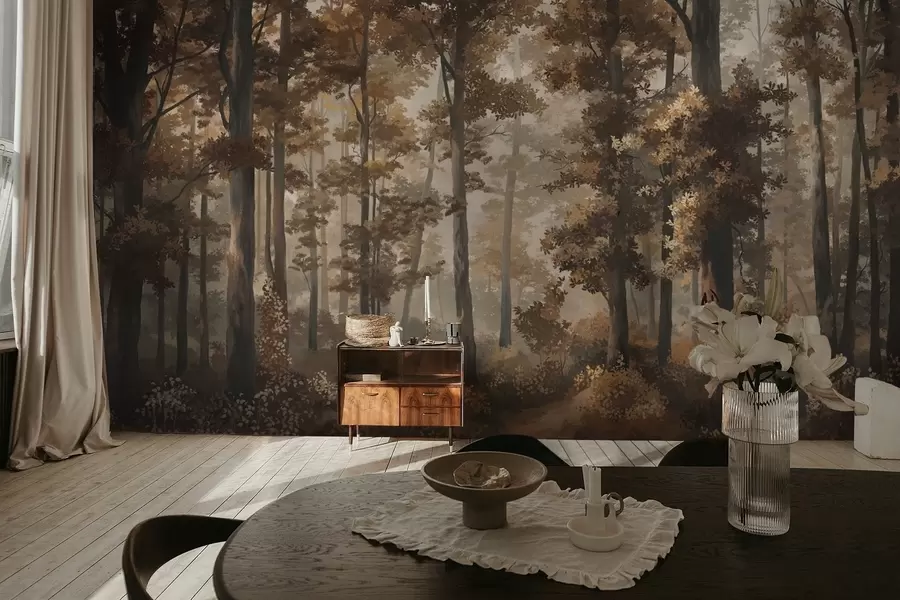 fototapet Peisaj de toamnă în pădure, cu lumină caldă și copaci dese w05089v1