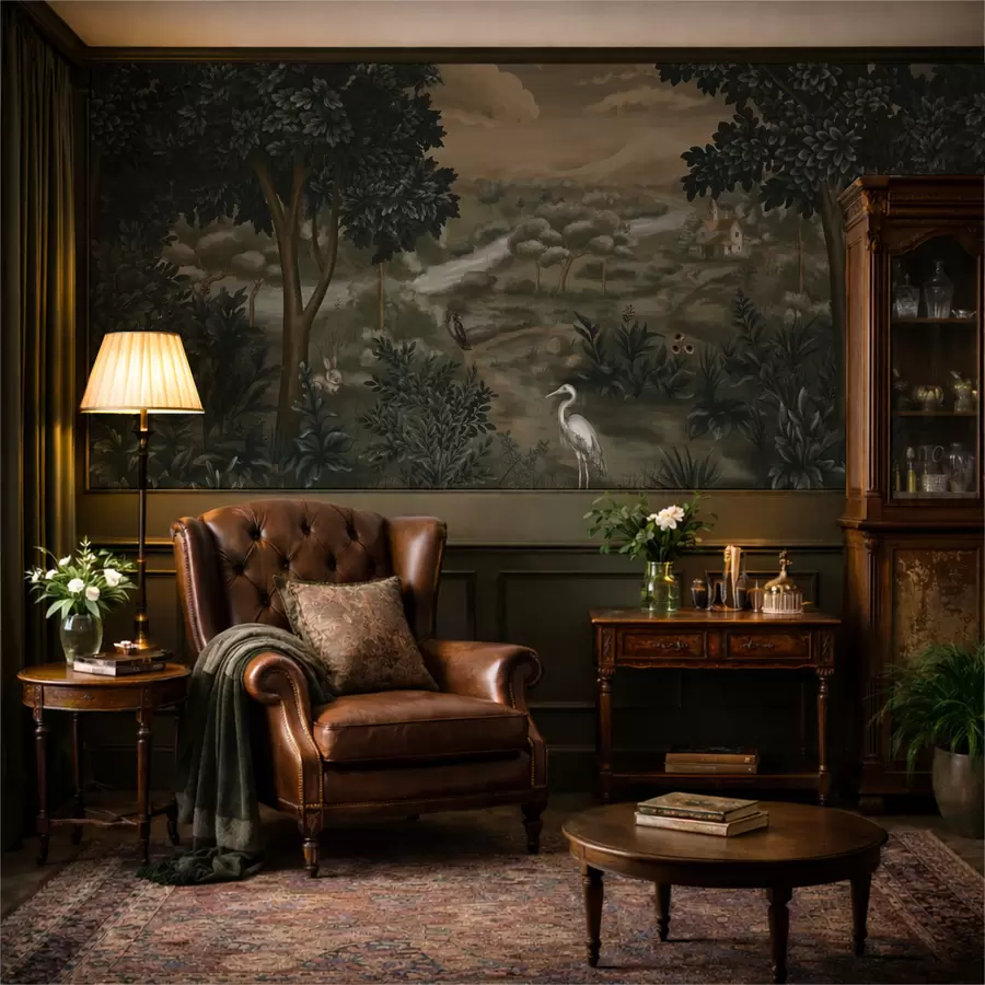 fototapet Peisaj fantastic cu râu, casă și păsări printre copaci w05090