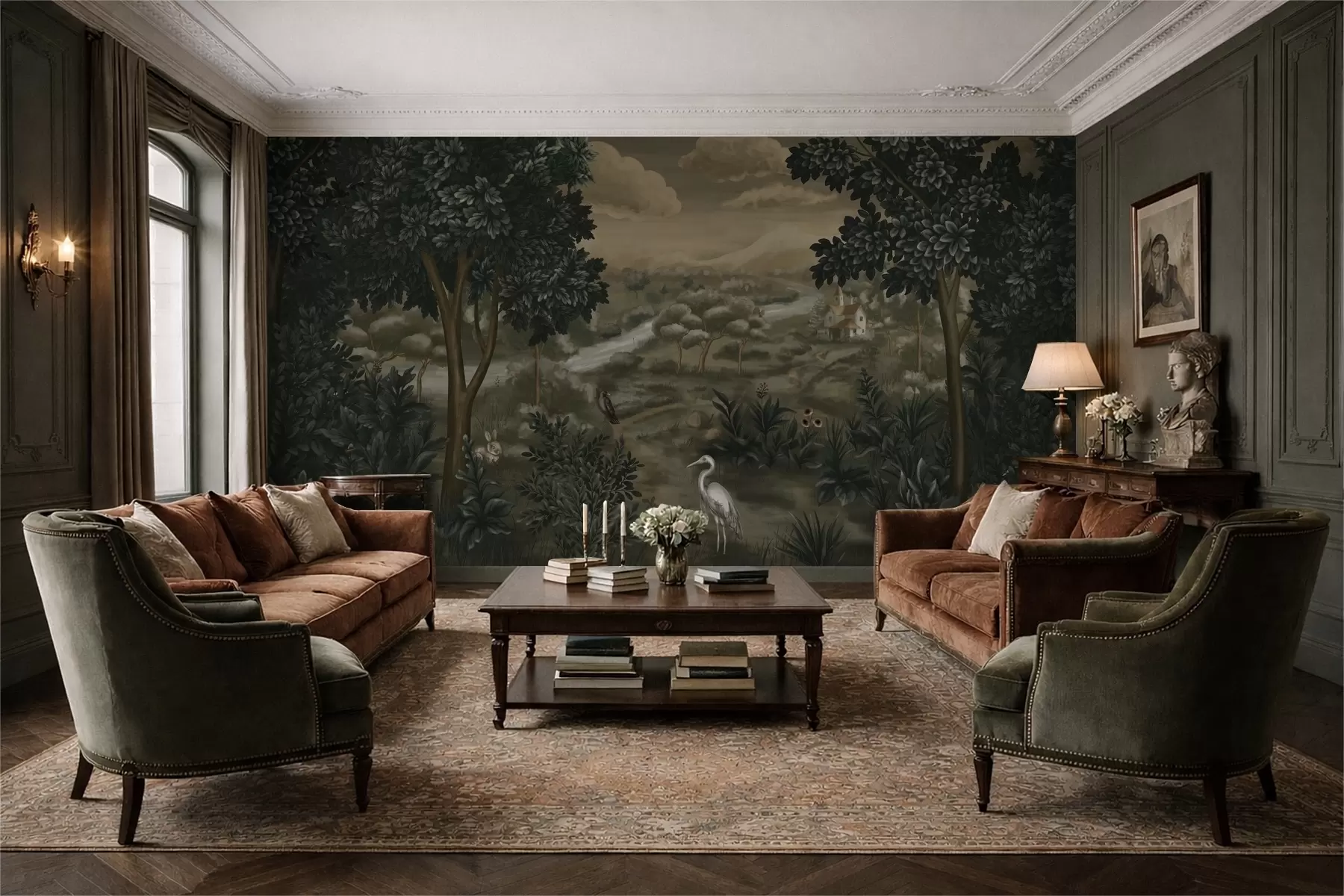 fototapet Peisaj fantastic cu râu, casă și păsări printre copaci w05090