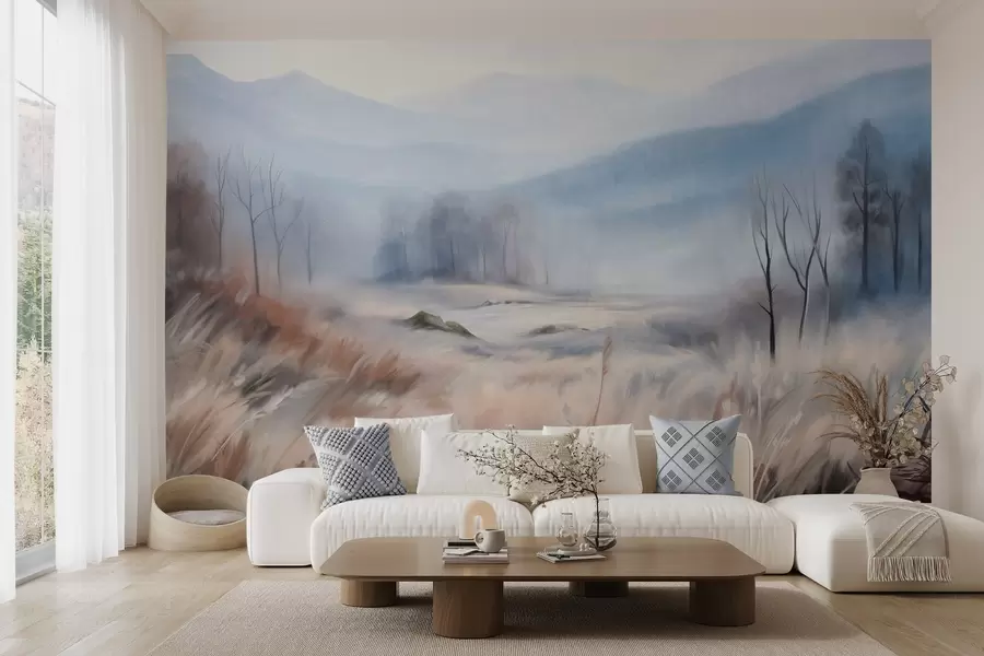 fototapet Peisaj texturat cu iarbă uscată în prim-plan și copaci în fundal, cu munți în depărtare w09542