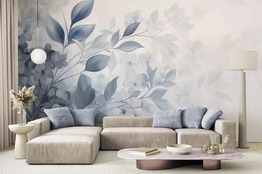 fototapet Ramură albastră și albă texturată, cu flori și frunze care se estompează într-un stil de pictură în acuarelă pe fundal deschis. w09543