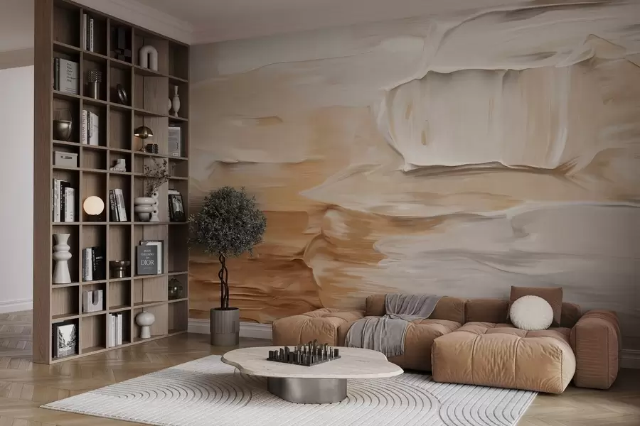 fototapet Imitare de pensule abstracte texturate în tonuri calde de bej, crem și maro, artă modernă w09588