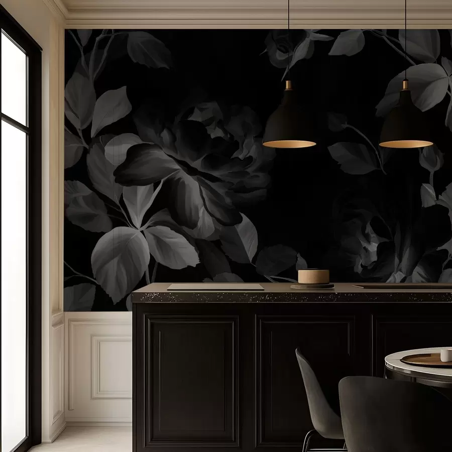 fototapet trandafiri pitorești alb-negru în stilul picturii în ulei  w04873v1