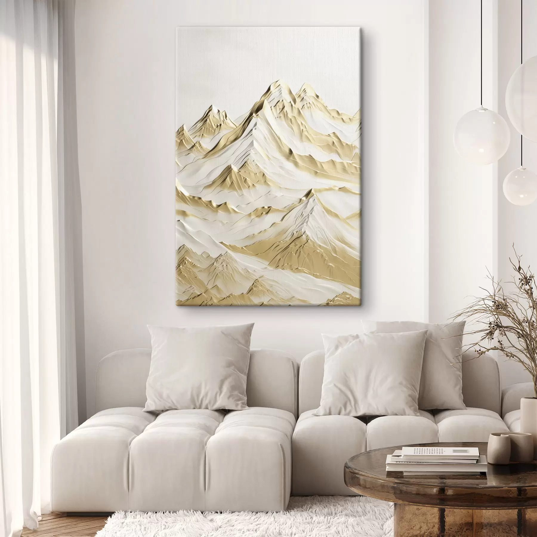 Tablouri Un peisaj cu munți galbeni, acoperiți de zăpadă, cu vârfuri ascuțite și văi adânci sub un cer luminos. s47420