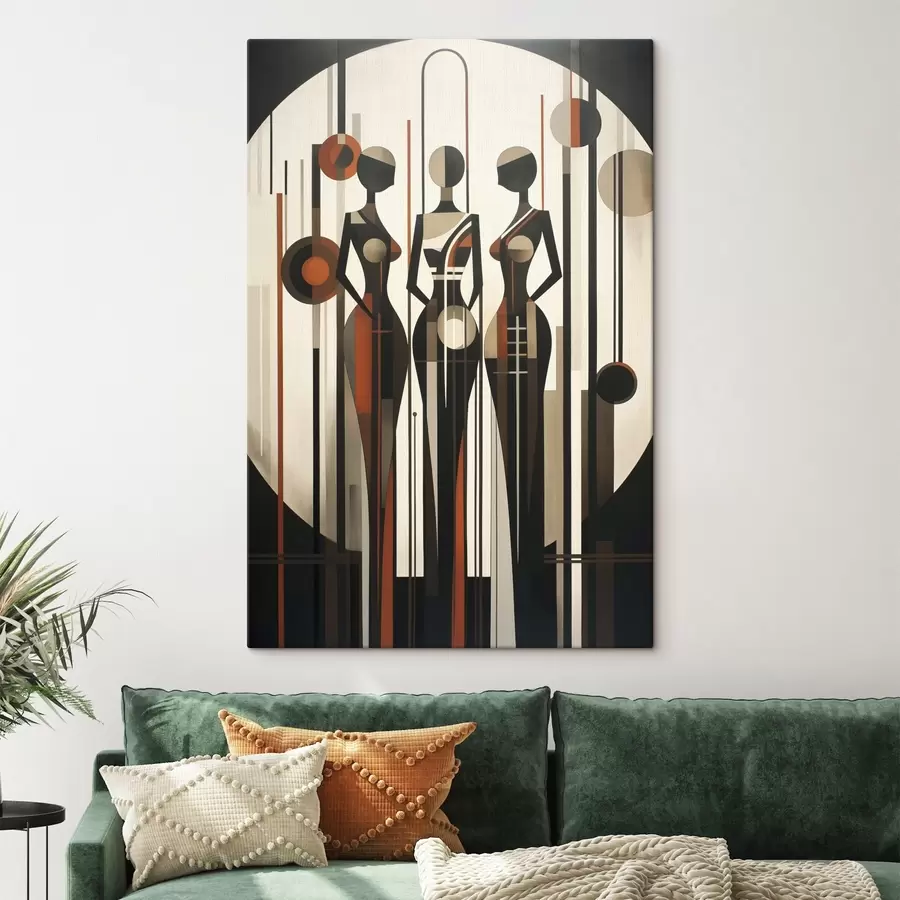 Tablouri Figuri feminine stilizate cu elemente geometrice pe un fundal abstract format din linii verticale și cercuri s47422