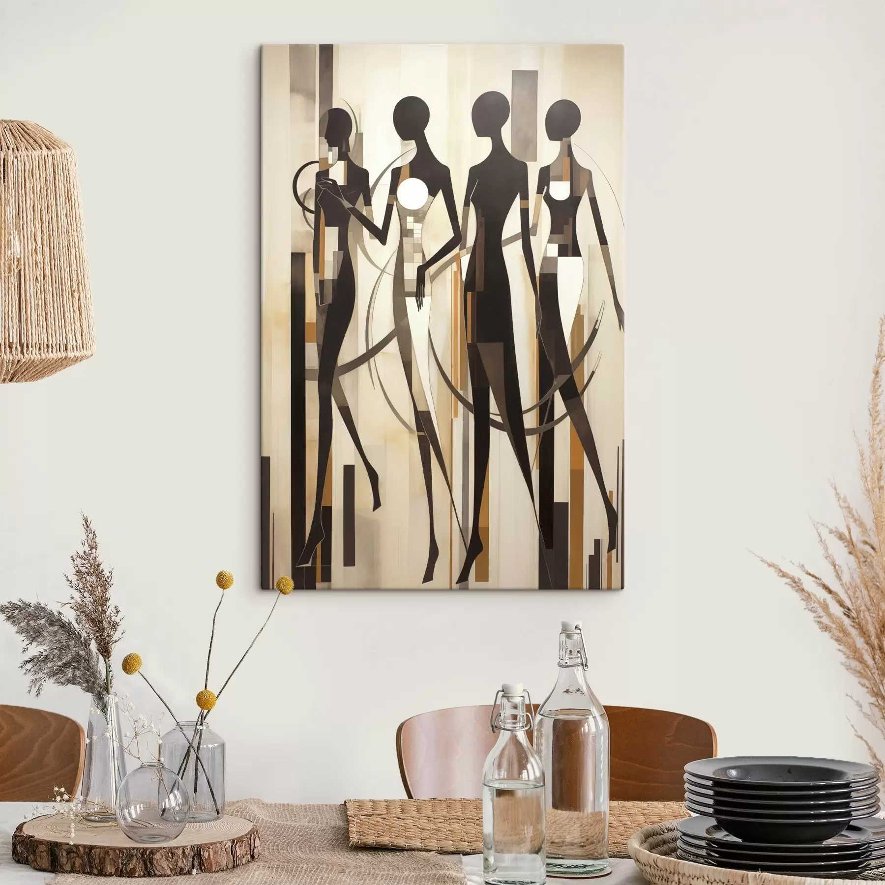 Tablouri Figuri feminine stilizate cu elemente geometrice pe un fundal abstract de linii verticale s47423