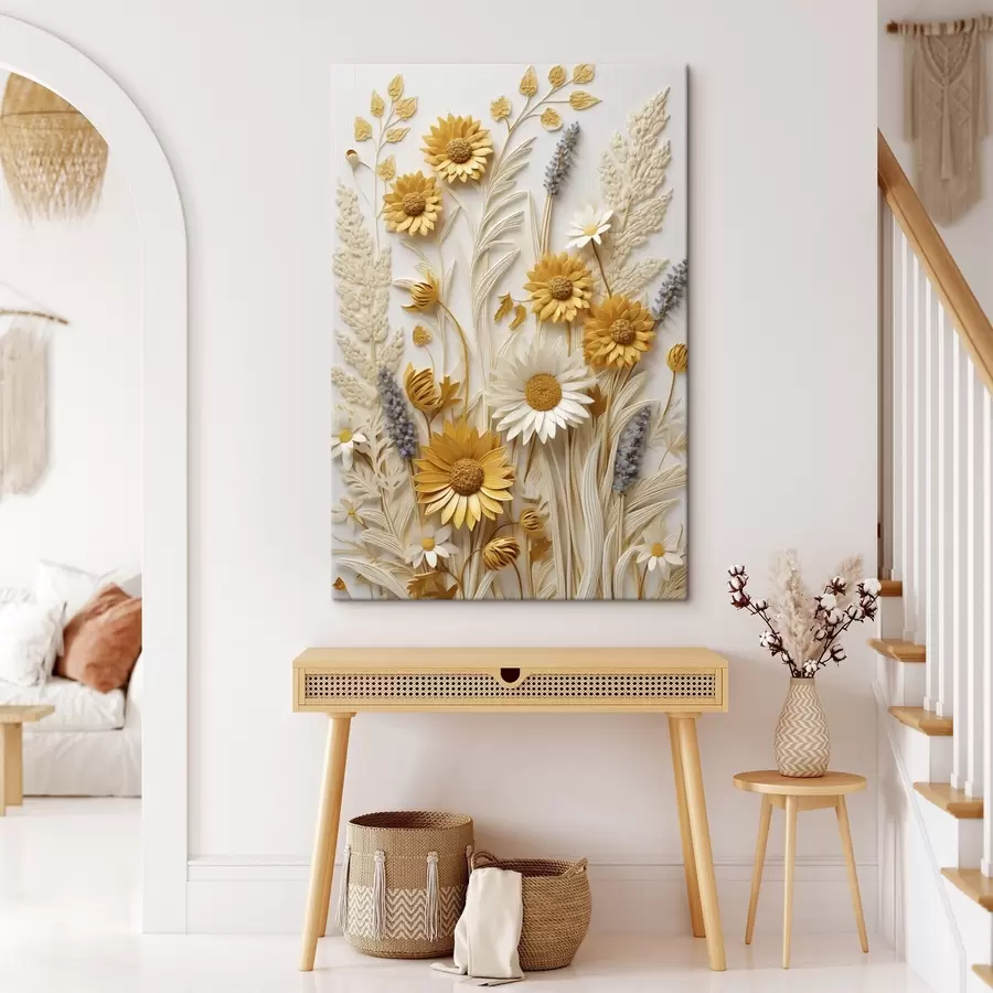 Tablouri O colecție texturată de margarete galbene și albe cu ierburi uscate și crenguțe de lavandă pe un fundal alb s47430