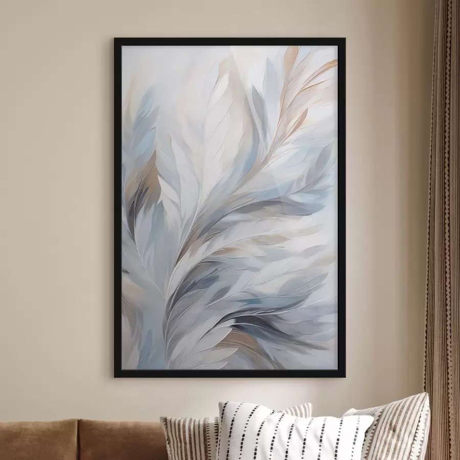 fototapet Pene delicate de culoare albastru deschis și maro, cu o textură moale și eterică, pe un fundal alb. f47416