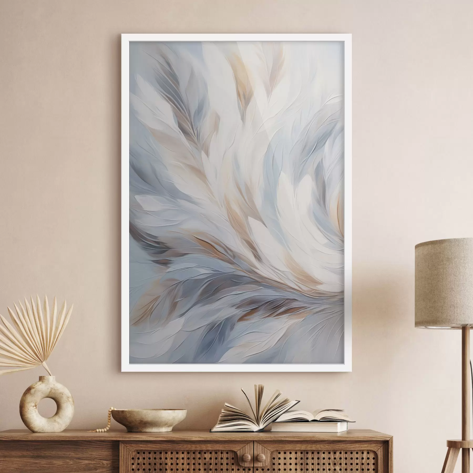 fototapet Pictură abstractă cu pene în nuanțe de alb, albastru și maro, cu o textură moale, fluidă și un fundal deschis. f47417