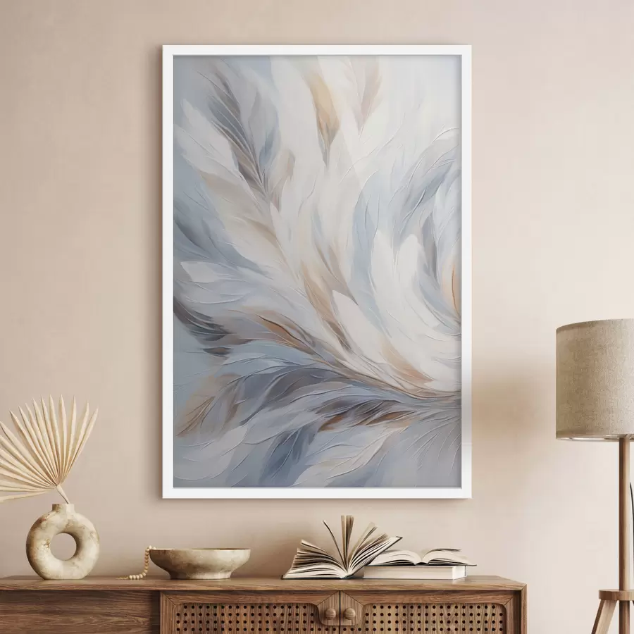 fototapet Pictură abstractă cu pene în nuanțe de alb, albastru și maro, cu o textură moale, fluidă și un fundal deschis. f47417