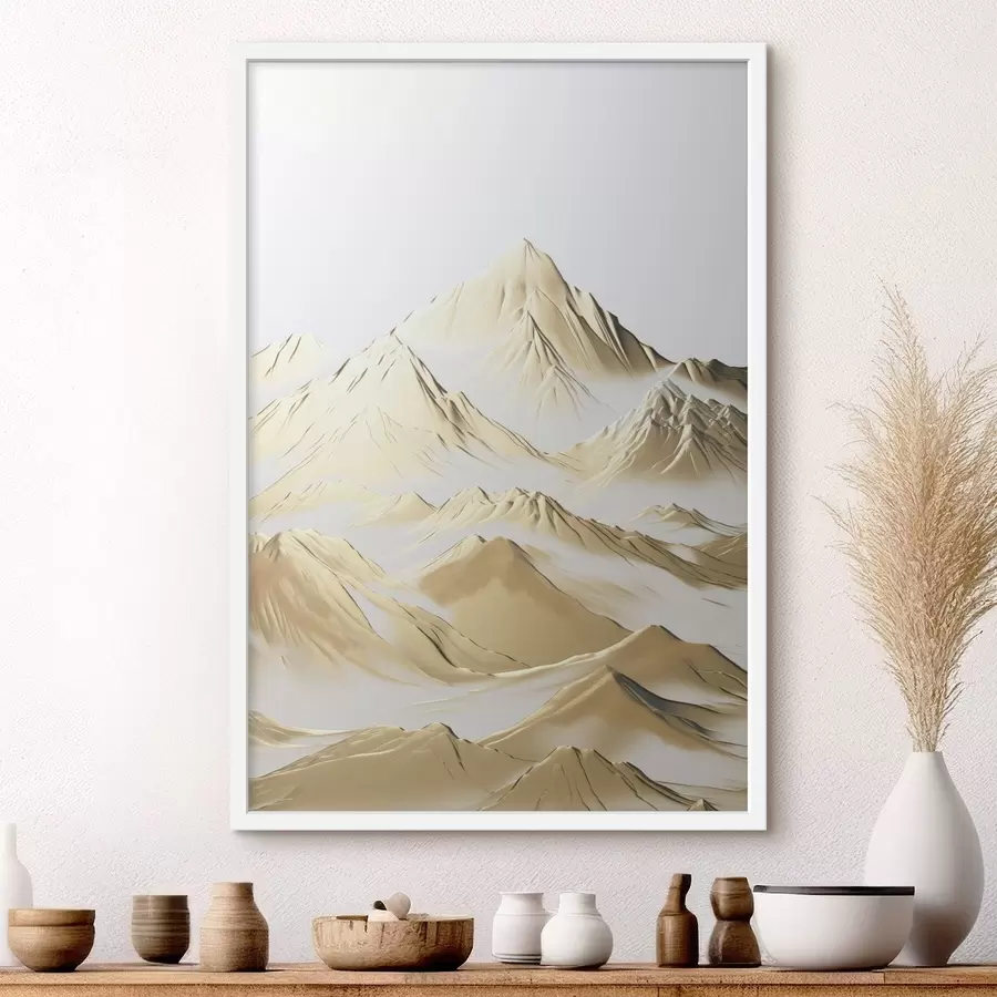 fototapet Un peisaj cu munți galbeni, acoperiți de zăpadă, cu vârfuri ascuțite și văi adânci sub un cer luminos. f47421