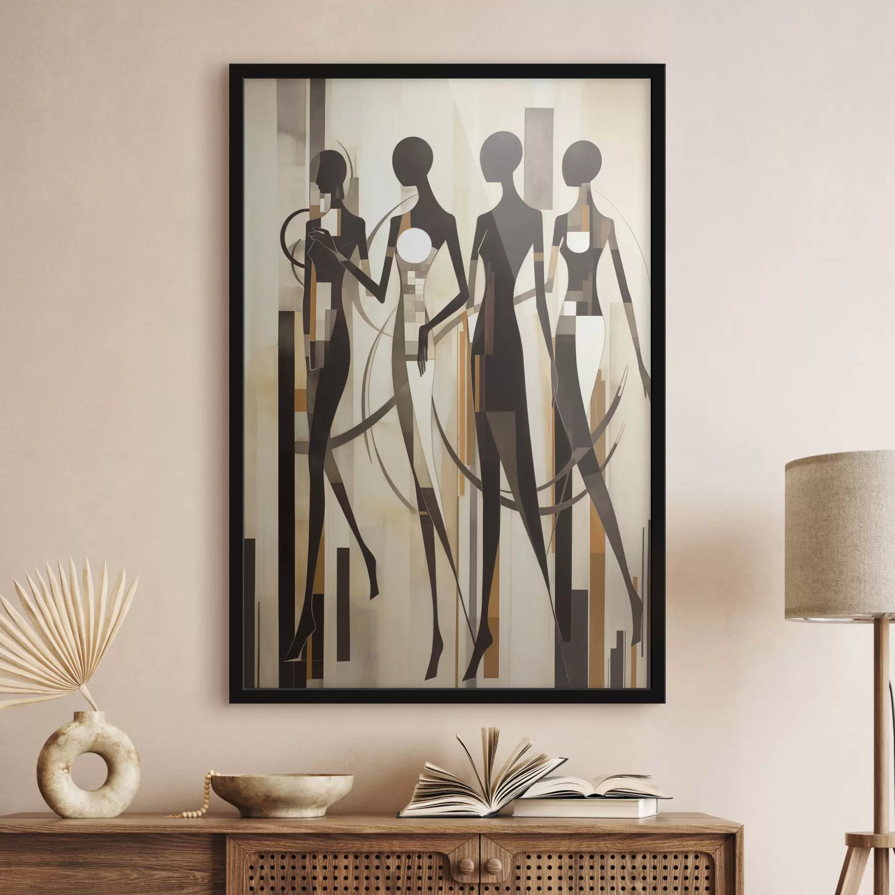 fototapet Figuri feminine stilizate cu elemente geometrice pe un fundal abstract de linii verticale f47423