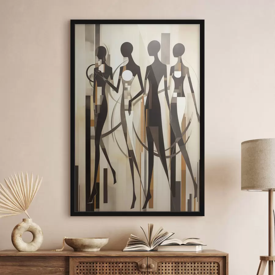 fototapet Figuri feminine stilizate cu elemente geometrice pe un fundal abstract de linii verticale f47423