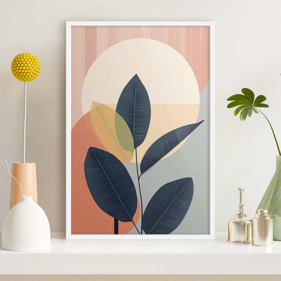 fototapet Frunze întunecate pe un fundal de forme abstracte în nuanțe de piersic și gri, cu un cerc mare, de culoare galben pal f47424