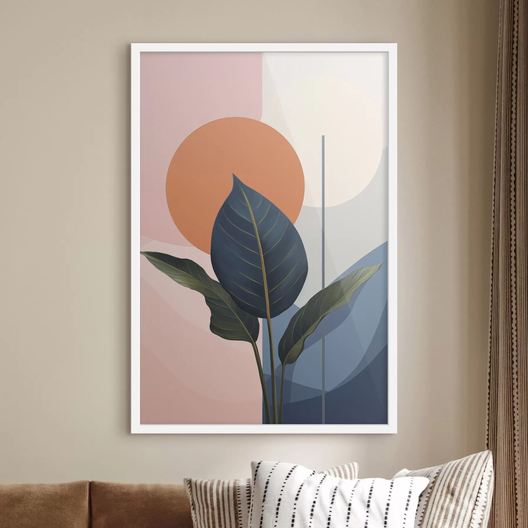 fototapet Frunze întunecate pe un fundal de forme abstracte în culori piersic și gri, cu cerc portocaliu f47425