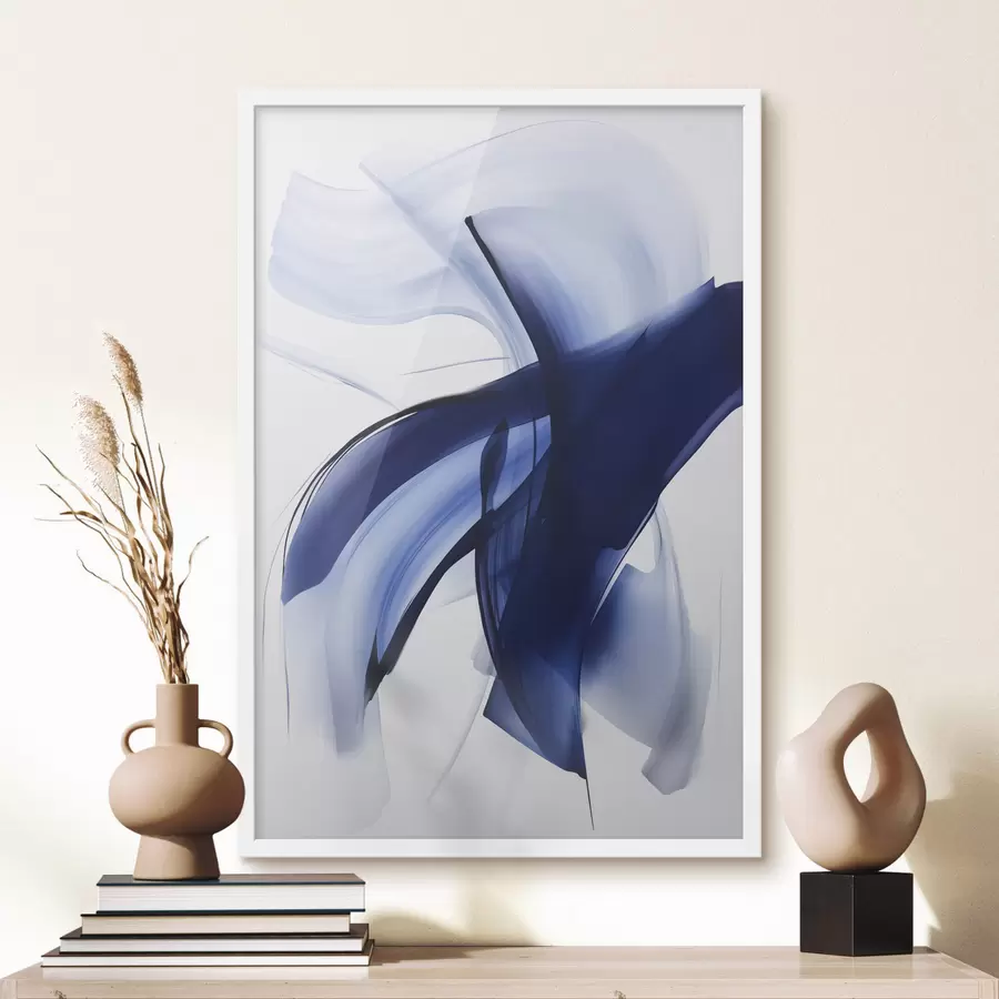 fototapet Forme abstracte albastre asemănătoare cu pensulele, cu linii și curbe fluide pe fond alb, artă modernă f47429