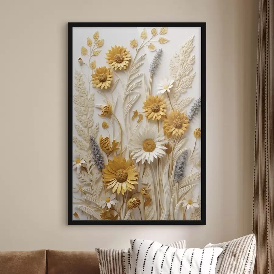 fototapet O colecție texturată de margarete galbene și albe cu ierburi uscate și crenguțe de lavandă pe un fundal alb f47430