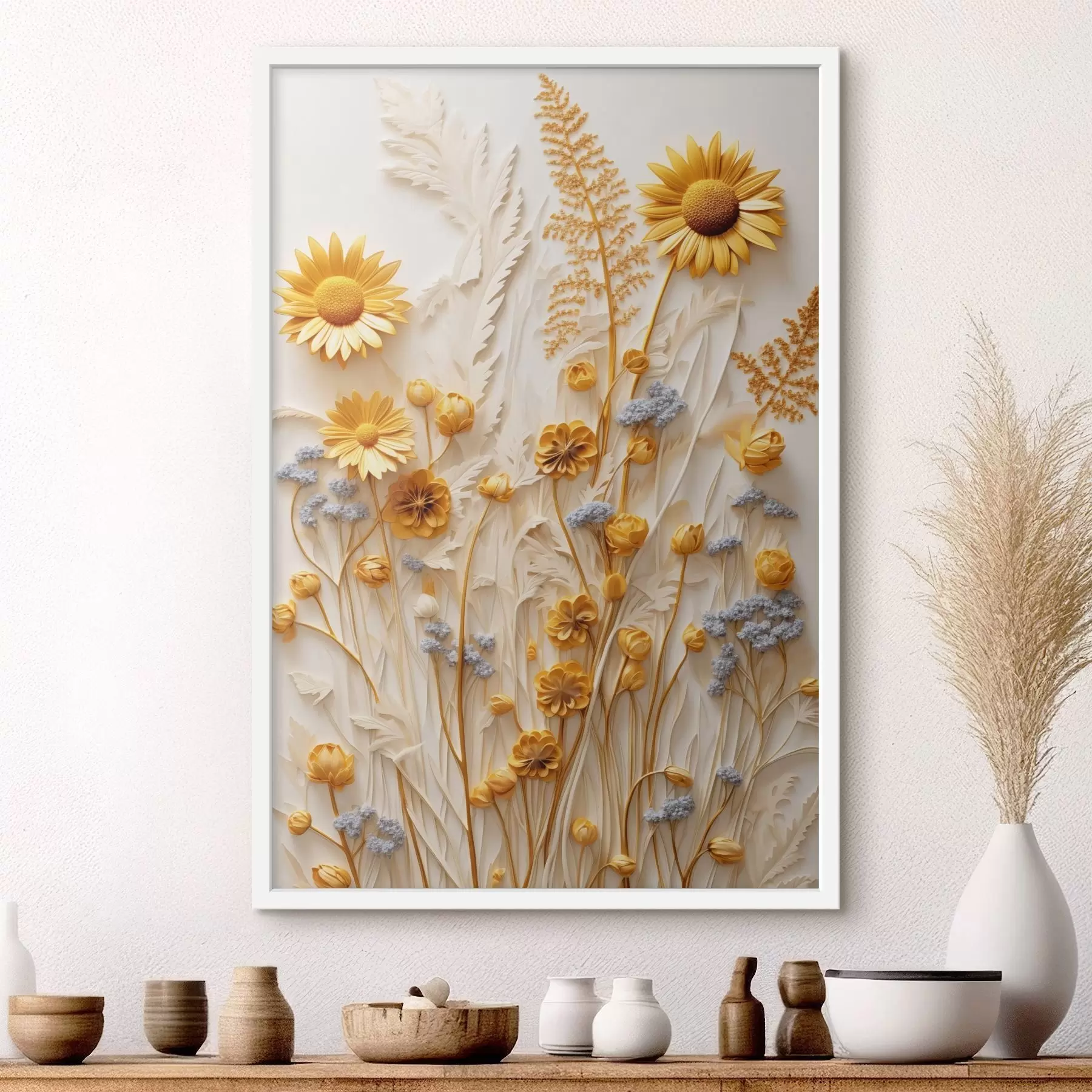 fototapet O colecție texturată de margarete galbene și albe cu ierburi uscate și crenguțe de lavandă pe un fundal alb f47431