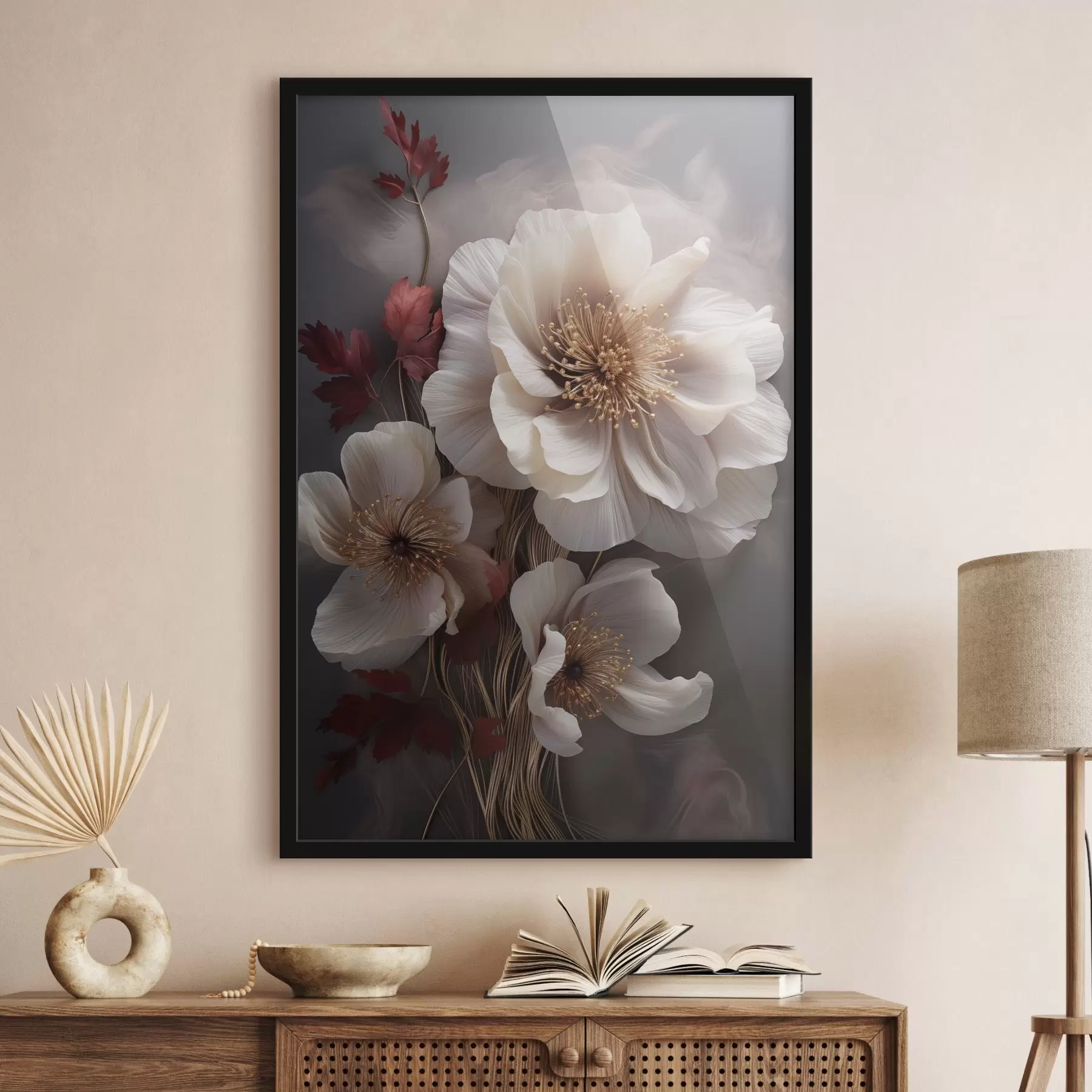 fototapet Bujori delicați, cu petale subțiri și vaporoase, înconjurați de frunze roșii închise, pe un fundal abstract f47434