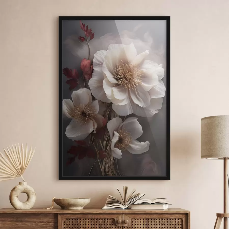 fototapet Bujori delicați, cu petale subțiri și vaporoase, înconjurați de frunze roșii închise, pe un fundal abstract f47434