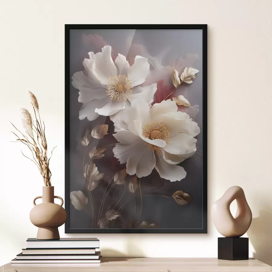 fototapet Bujori delicați, cu petale subțiri și vaporoase, înconjurați de frunze roșii închise și galbene, pe un fundal abstract. f47435