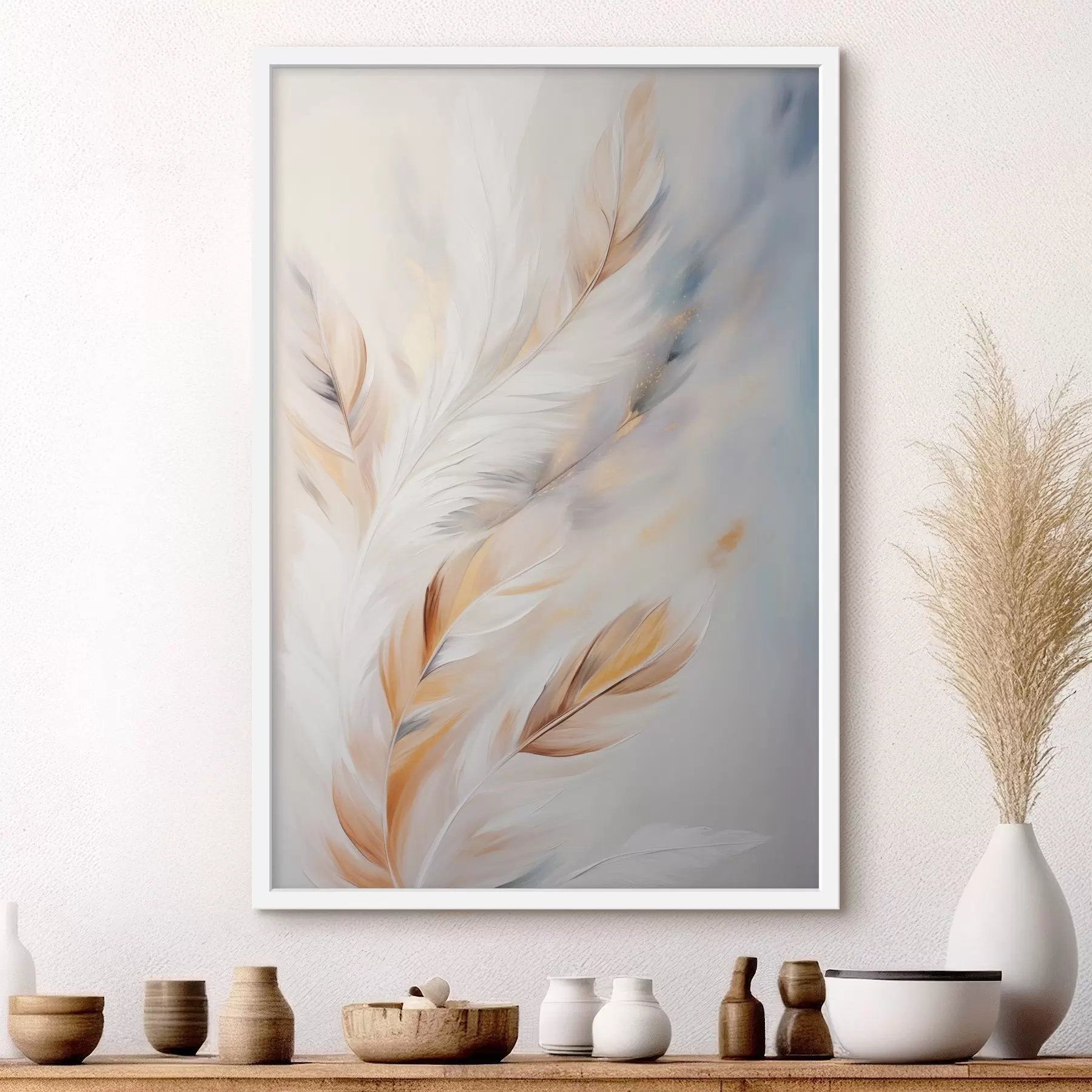 fototapet Pene mari și moi, cu o combinație de nuanțe de alb, galben și maro, pe un fundal abstract și deschis. f47443