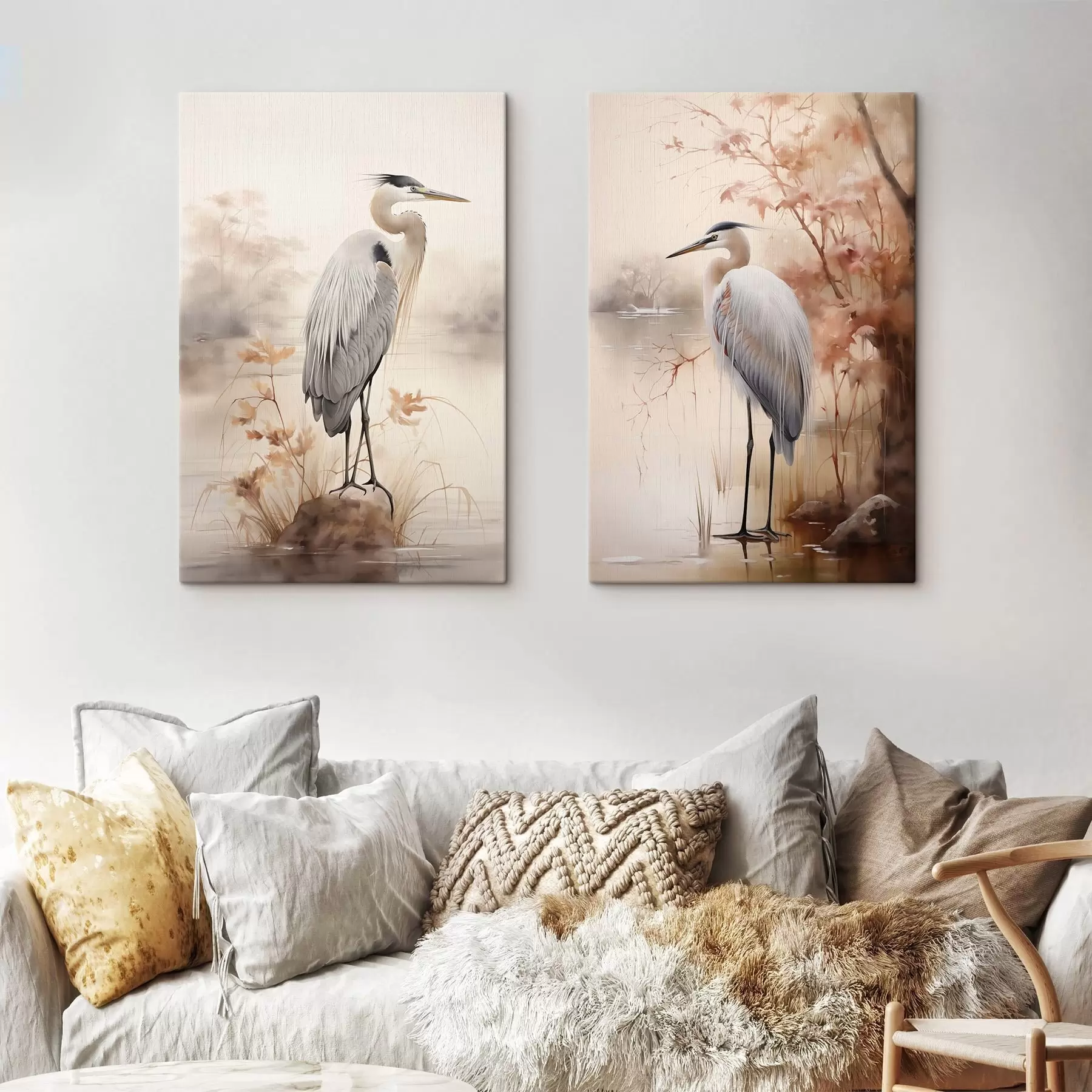 Tablouri O stârcă stă pe o stâncă într-un lac, cu iarbă înaltă și copaci în fundal. m01239