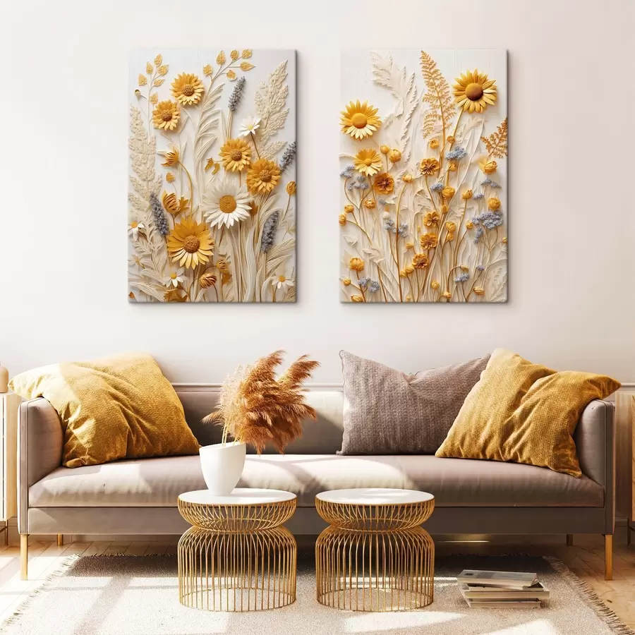 Tablouri O colecție texturată de margarete galbene și albe cu ierburi uscate și crenguțe de lavandă pe un fundal alb m01241