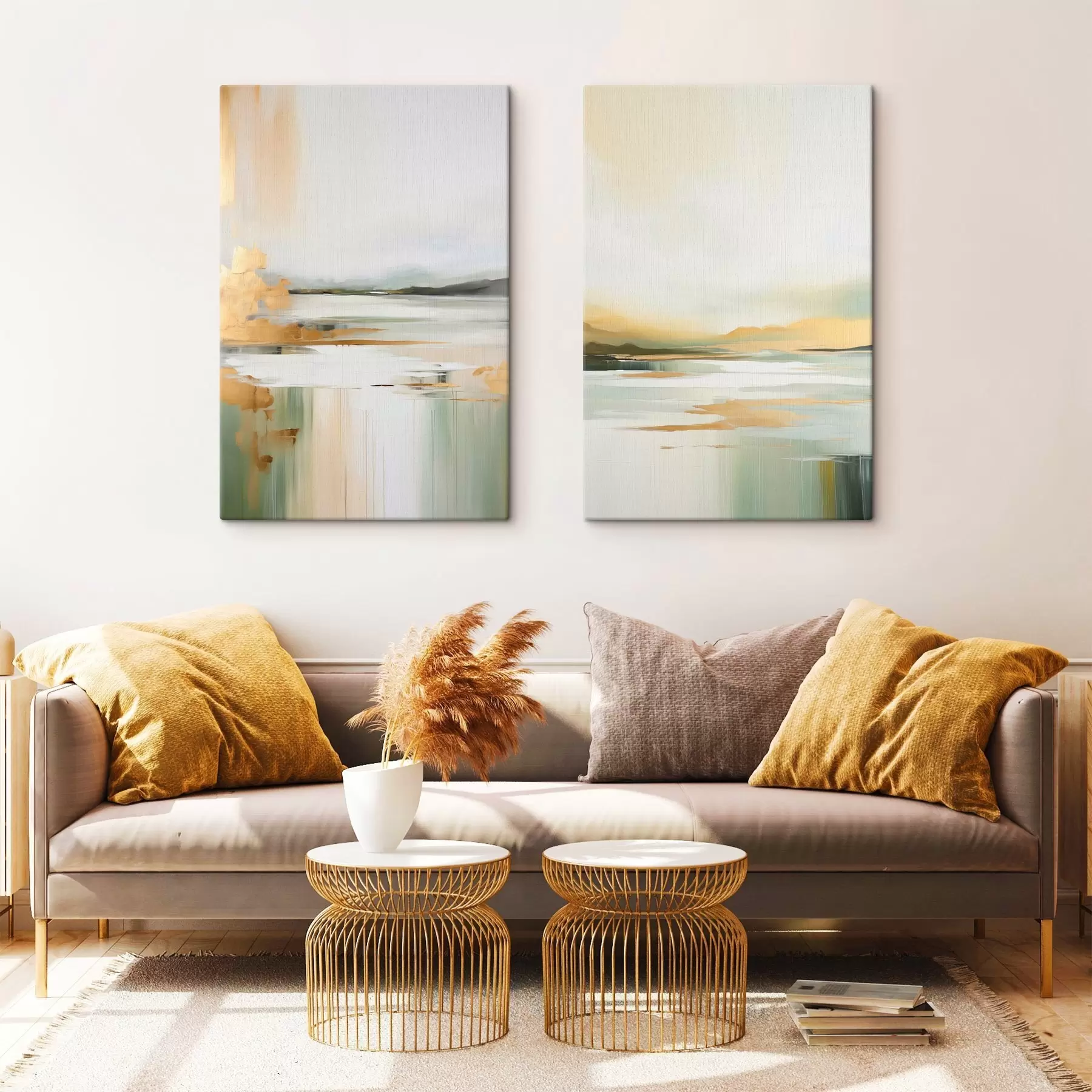 Tablouri Peisaj abstract în tonuri de galben și verde, apă care reflectă cerul și munții îndepărtați, cer palid și încețoșat m01245