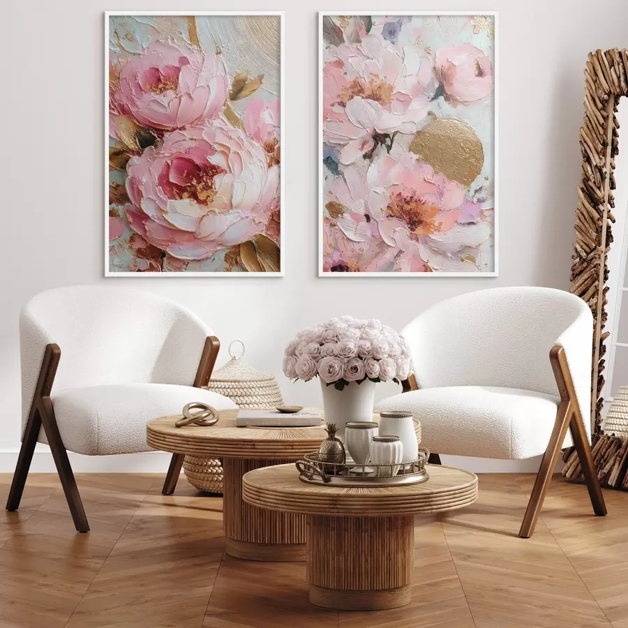 fototapet Pictură volumetrică impasto cu bujori roz și detalii texturate d00573