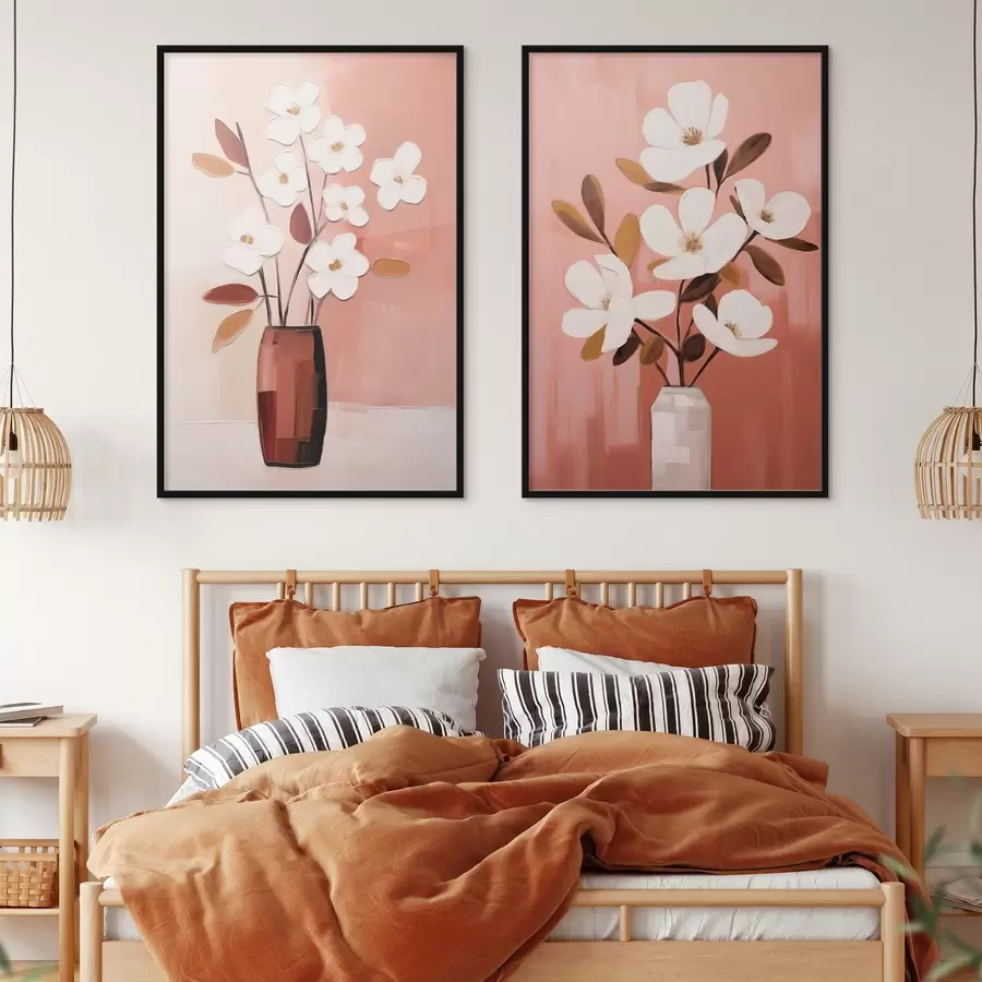 fototapet Compoziție cu vaze contrastante și flori albe texturate d00575