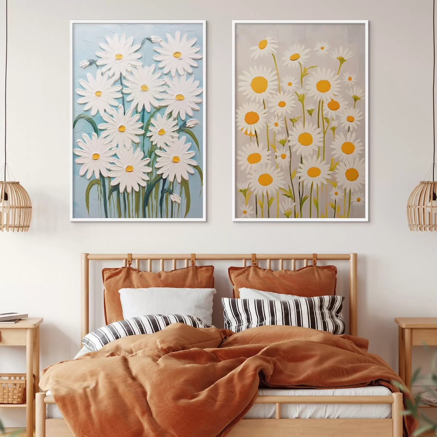 fototapet Prospețimea primăverii: diptic cu margarete voluminoase în stil impasto d00633