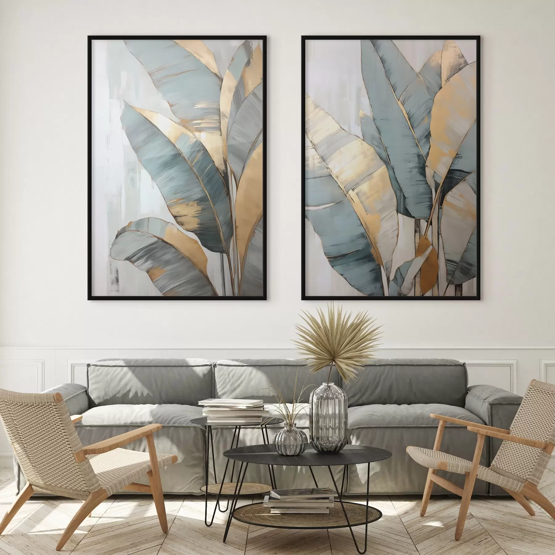 fototapet Un set de frunze de banane albastre, gri și galbene cu tușe de pensulă vizibile, pe un fundal abstract alb d00645