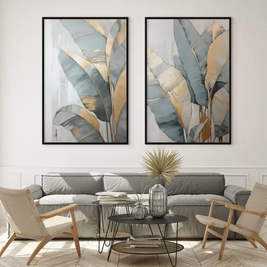 fototapet Un set de frunze de banane albastre, gri și galbene cu tușe de pensulă vizibile, pe un fundal abstract alb d00645