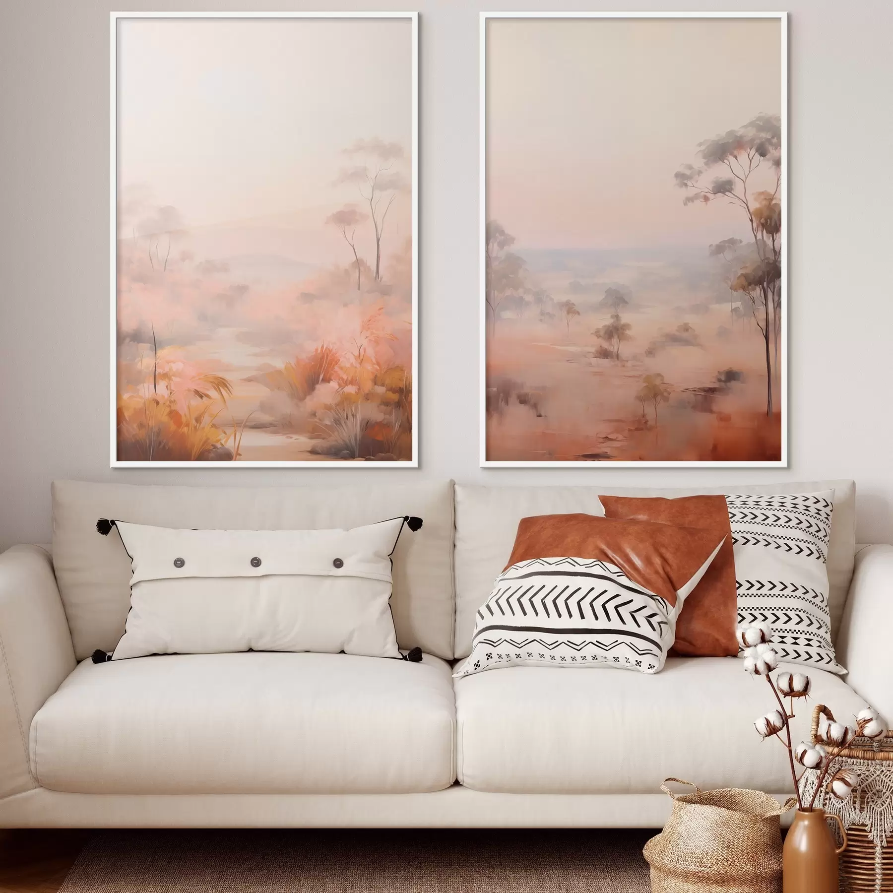 fototapet Un peisaj cu tufișuri și copaci în nuanțe de roz , portocaliu , și maro , cu munți în fundal d00646