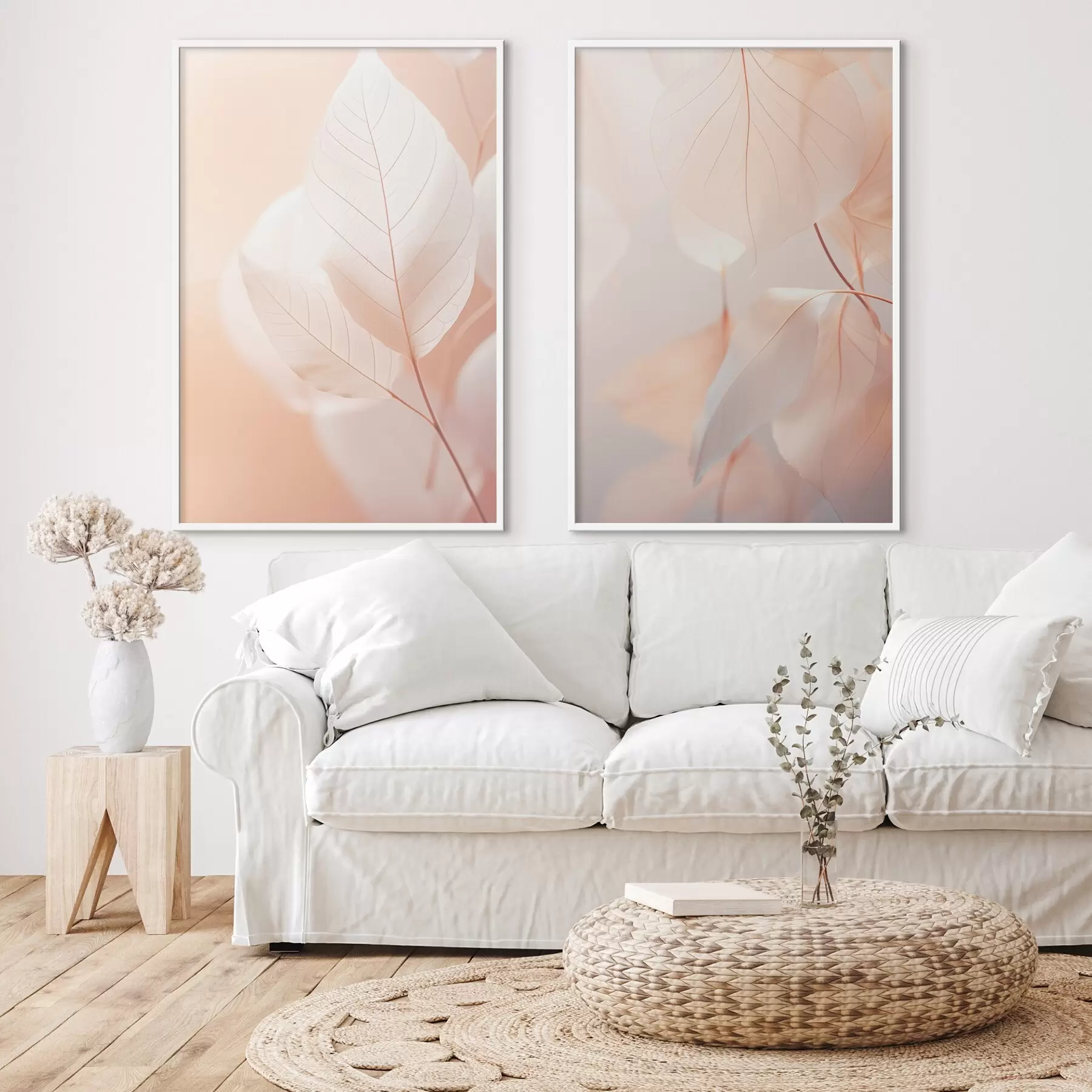 fototapet Close-up de frunze translucide cu vene delicate, paleta de culori piersică moale și alb, fundal neclar d00647