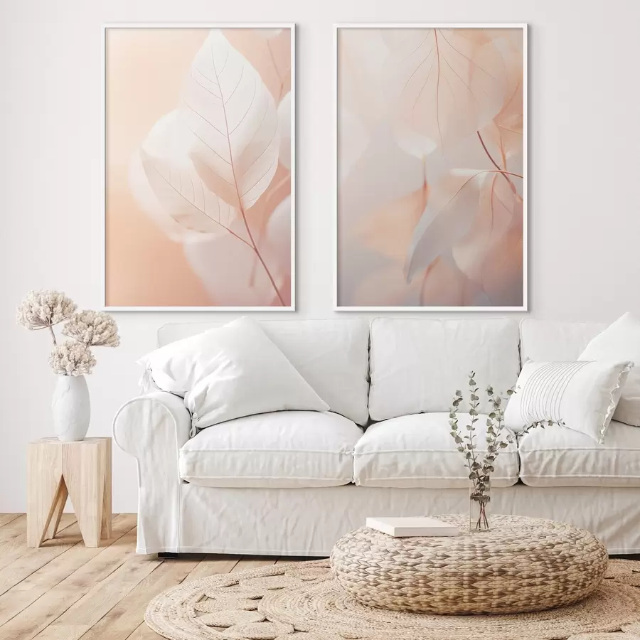 fototapet Close-up de frunze translucide cu vene delicate, paleta de culori piersică moale și alb, fundal neclar d00647