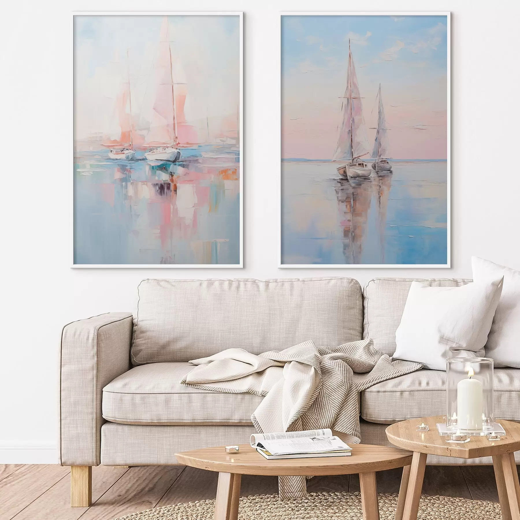 fototapet Bărci cu vele roz plutind pe o mare calmă, reflecții ale bărcilor în apă, culori pastelate moi d00648